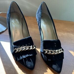 Dress shoes. 3 inch heel.  Black with gold chain.